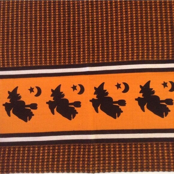 Vintage Halloween Dish Tea Towel Cotton 29" x 18.5" Witch Moon Black Orange - Picture 1 of 8